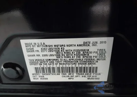 2015 Mitsubishi Outlander Sport Gt from USA, damaged, VIN 4A4AP4AW6FE042574